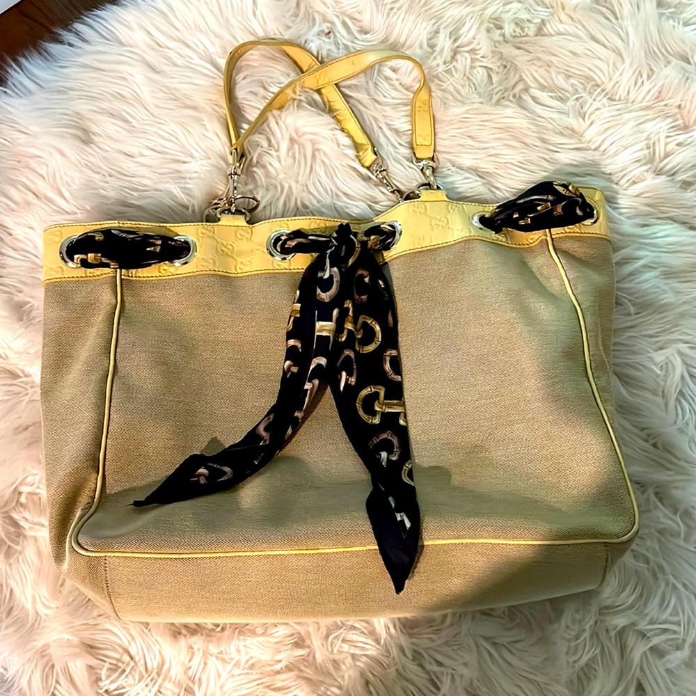 Gucci canvas scarf bag beige and yellow leather trim awesome summer large tote